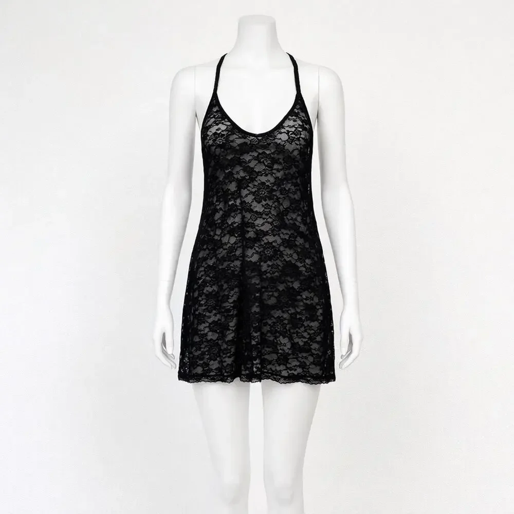 Victoria’s Secret Black Floral Lace Nightgown Racerback Sheer Lingerie Size S